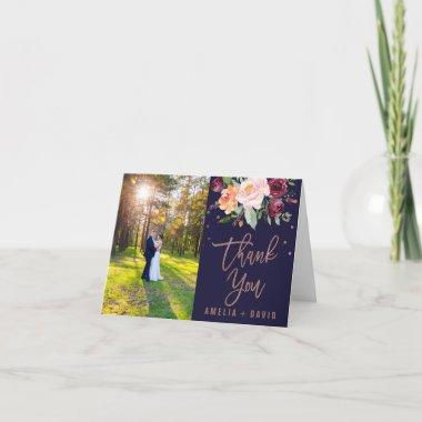 Autumn Floral Rose Gold Photo Thank You Invitations