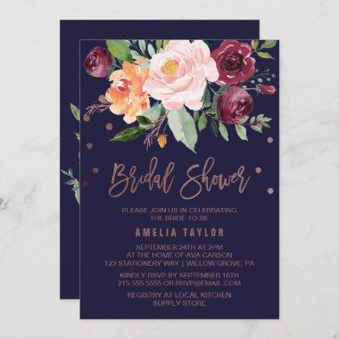 Autumn Floral Rose Gold Wreath Back Bridal Shower Invitations