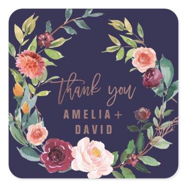 Autumn Floral Rose Gold Wreath Thank You Favor Square Sticker