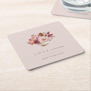 Autumn Floral Teacup Love Is Brewing Bridal Shower Square Paper Coaster