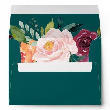 Autumn Floral Teal Addressed Wedding  Envelope