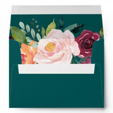 Autumn Floral Teal Addressed Wedding Invitations Envelope