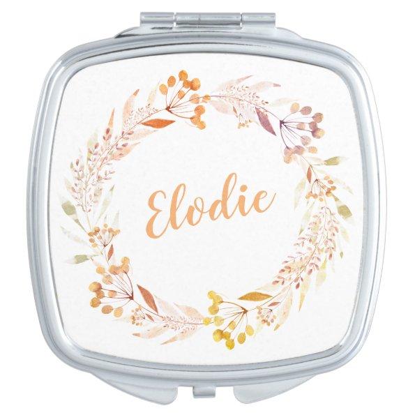 Autumn Floral Watercolor Wreath Boho Personalized Compact Mirror