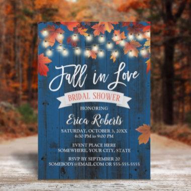Autumn Leaves Fall in Love Navy Barn Bridal Shower Invitations