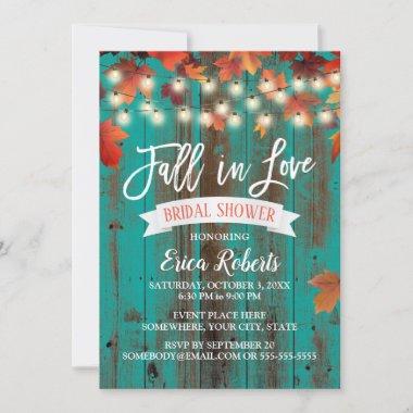 Autumn Leaves Fall in Love Teal Barn Bridal Shower Invitations