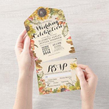 Autumn Maple Leaves Pumpkin Sunflower Wedding RSVP All In One Invitations