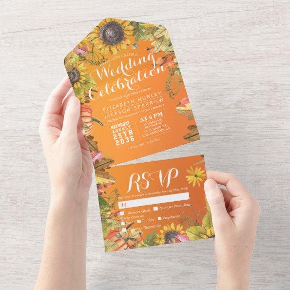 Autumn Maple Pumpkins Orange Gradient Wedding RSVP All In One Invitations