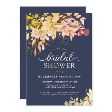 Autumn Navy Blue Botanical Bridal Shower Invitations