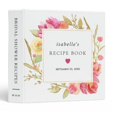 Autumn Pink Rose Floral Bridal Shower Recipe Book 3 Ring Binder