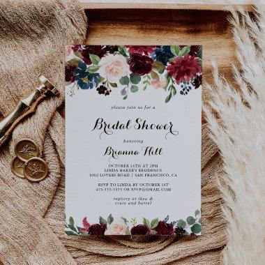 Autumn Rustic Burgundy Calligraphy Bridal Shower Invitations