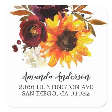 Autumn Sunflower Bouquet Floral Return Address Square Sticker