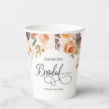 Autumn Terracotta Orange Floral Bridal Shower Paper Cups