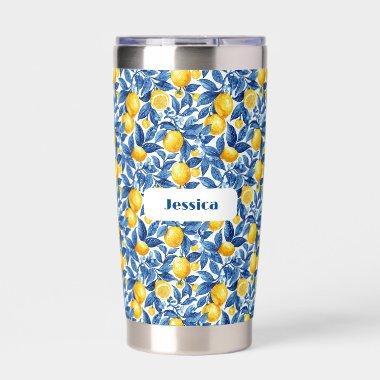 Azulejo Lemons Blue Leaves Insulated Tumbler