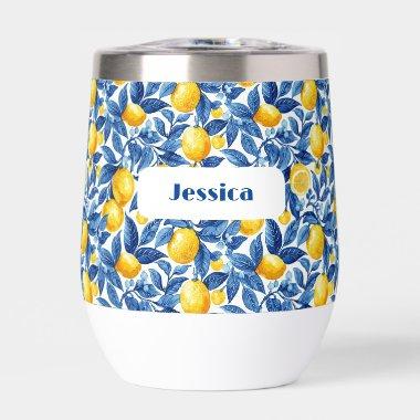 Azulejo Lemons Blue Leaves Thermal Wine Tumbler