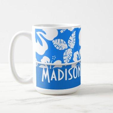 Azure Blue Tropical Hibiscus; Personalized Coffee Mug