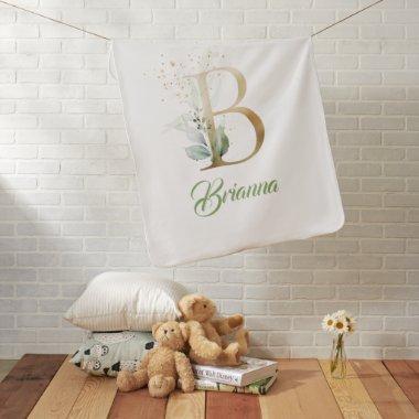 B monogram eucalyptus greenery faux gold foil bab baby blanket