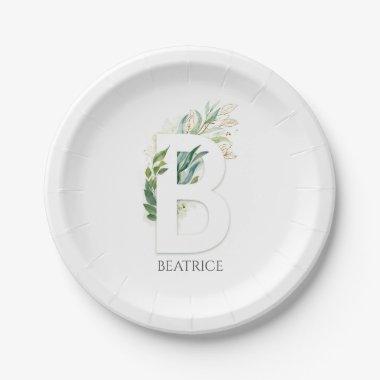 B Monogram Gold Greenery Leaves Elegant Name Paper Plates