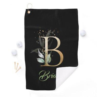 B monogram greenery eucalyptus gold glitter black golf towel
