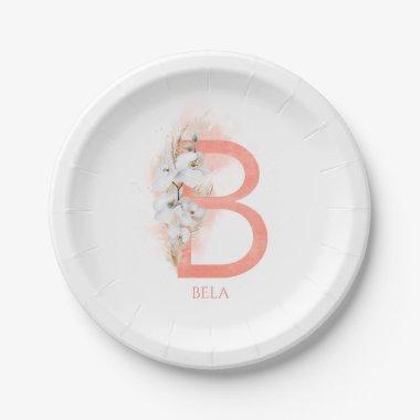 B Monogram Name Pampas Grass White Orchids Paper Plates