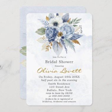 Baby Blue Gold Watercolor Peony Chic Bridal Shower Invitations