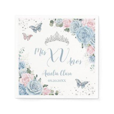 Baby Blue Light Pink Floral Butterfly Quinceañera Napkins