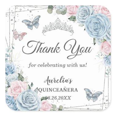 Baby Blue Light Pink Floral Butterfly Quinceañera Square Sticker