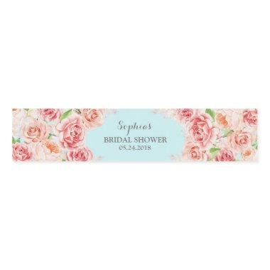 Baby Blue Pink Watercolor Flowers Bridal Shower Water Bottle Label