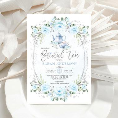 Baby Blue Silver Flower Bridal Shower Tea Party Invitations