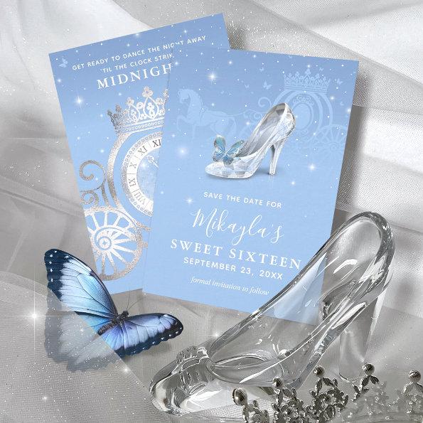 Baby Blue Silver Shoe Cinderella Sweet 16 Birthday Save The Date