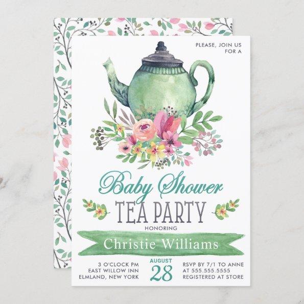 Baby Boy Baby Shower Tea Party Floral Watercolor Invitations