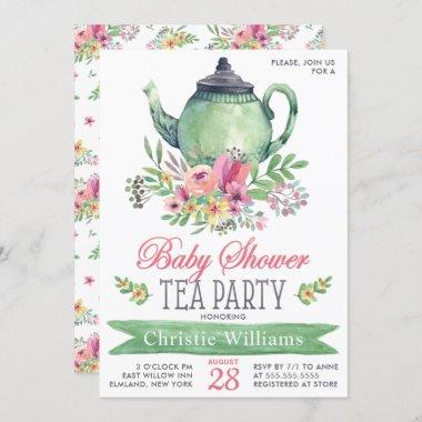 Baby Girl Baby Shower Tea Party Floral Watercolor Invitations
