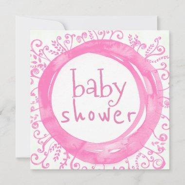 Baby Girl Shower Pink Watercolor Floral Wreath Invitations