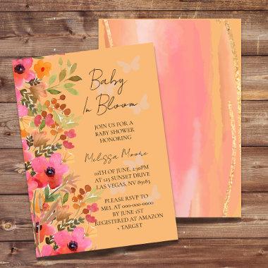 Baby in bloom butterfly, peaches and pink flowers Invitations