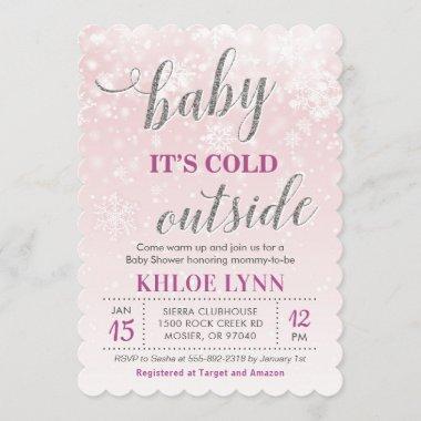Baby Its Cold Outside Winter Baby Shower Pink Girl Invitations