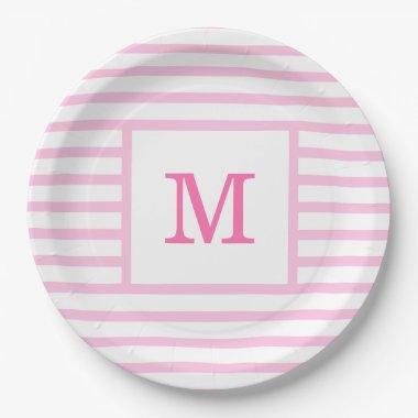 Baby Pink and White Stripes Custom Monogram Paper Plates