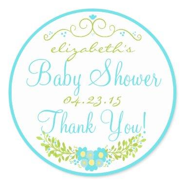 Baby Shower Aqua Blue and Green Floral Classic Round Sticker