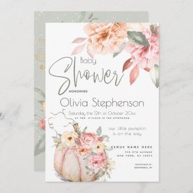 Baby Shower Blush Coral Pumpkin Peony Floral Invitations