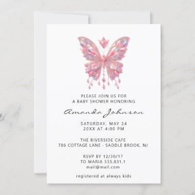 Baby Shower Butterfly Girl Pin Crystals White Invitations