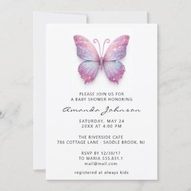 Baby Shower Butterfly Girl Rose Holograph Pink Invitations