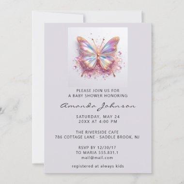 Baby Shower Butterfly Girl Rose Holographic Invitations