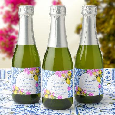 Baby Shower champagne favor Blue Tiles Lemons Sparkling Wine Label