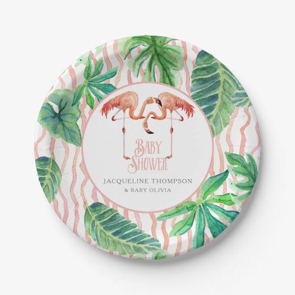 Baby Shower Decor Leaf Pink Flamingo Watercolor Paper Plates