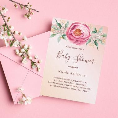 Baby shower pink rose gold florals glitter Invitations
