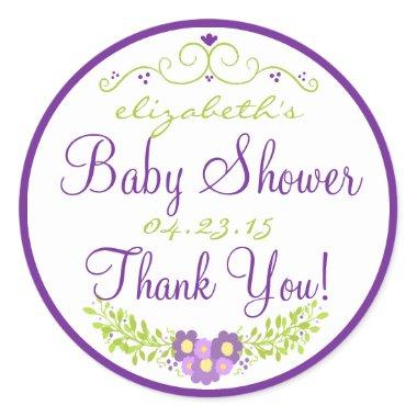 Baby Shower Purple Floral Thank You Classic Round Sticker