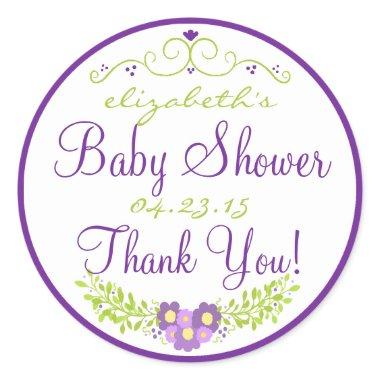 Baby Shower Purple Floral Thank You Classic Round Sticker