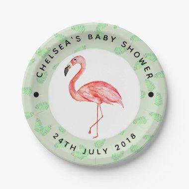 Baby Shower Tropical Watercolor Flamingo Name Paper Plates