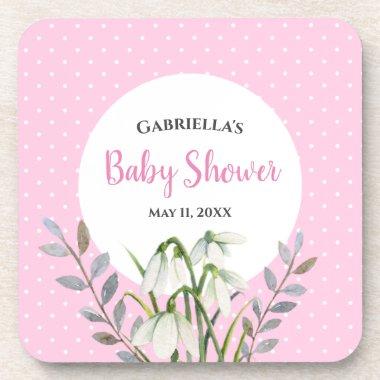 Baby Shower White Snow Drops Pink Polka Dots Beverage Coaster