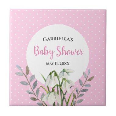 Baby Shower White Snow Drops Pink Polka Dots Ceramic Tile