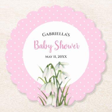 Baby Shower White Snow Drops Pink Polka Dots Class Paper Coaster