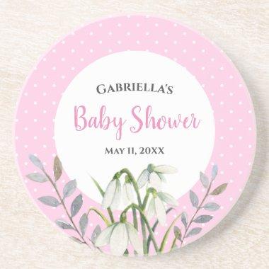Baby Shower White Snow Drops Pink Polka Dots Coaster